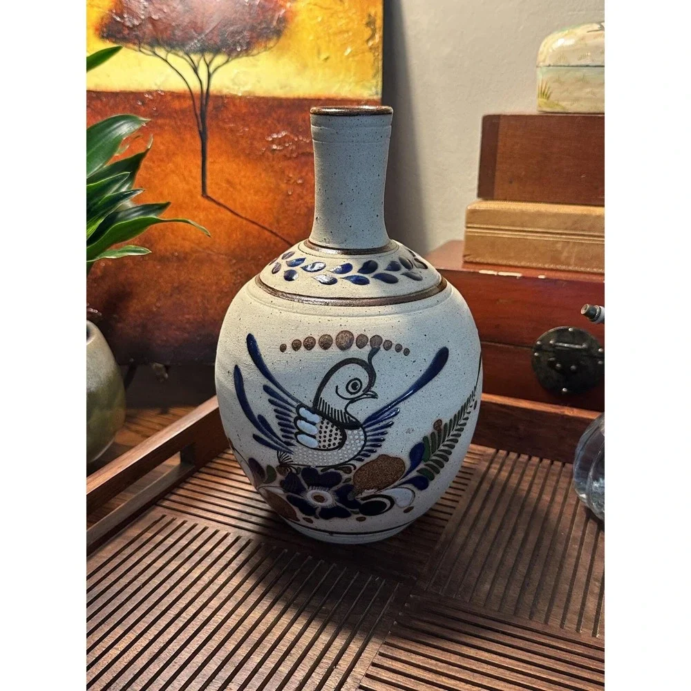 Vintage Hand-Painted Mexican Folk Art Vase - Rustic Pottery Bird & Floral Design